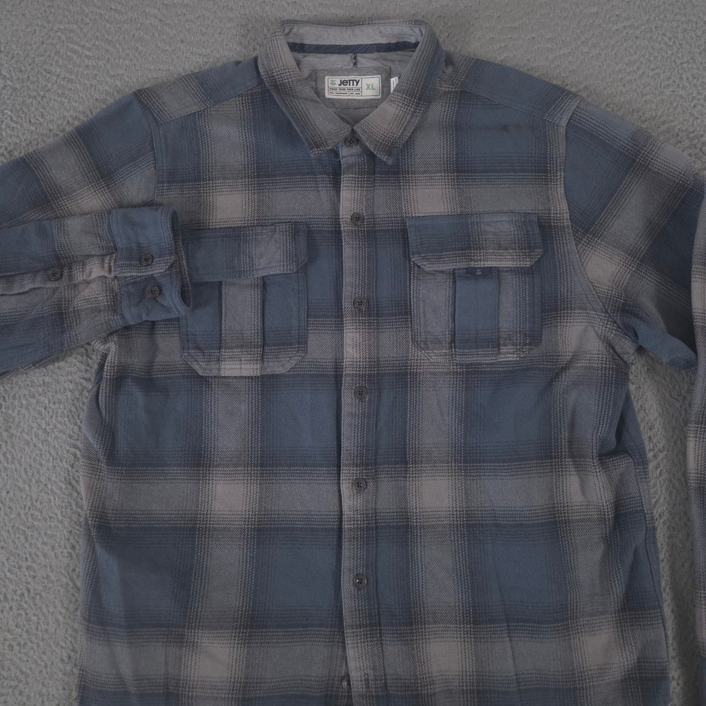Jetty Shirt Mens XL Blue Grey Plaid Cotton Flannel Long Sleeve Dual Pocket Surf